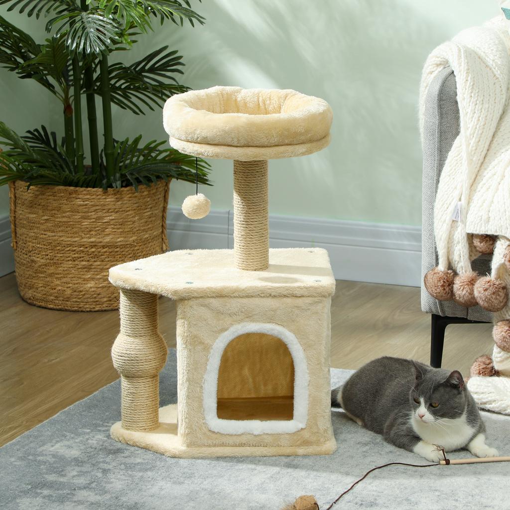 Cat Tree 66 cm Height Cat Tower with Bed Cave Platform Hanging Ball and Jute Post Beige