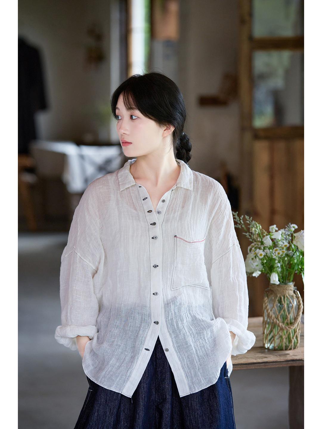 Women s Ethereal White Linen Sun Protection Shirt - Ultra-thin, Breathable, Cool Touch, Wrinkled Retro Style Large