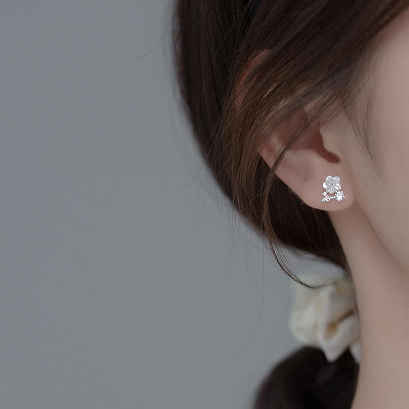 Modian 3 Elegant Shell Flowers Shiny Zircon Leaves Stud Earring for Women Silver 925 Flora Ear Pin Fine Jewelry