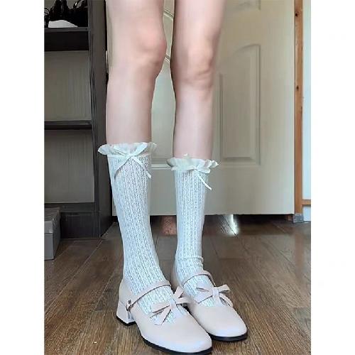 Aesthetic Forest Fairy Mid-Calf Socks Hollow Out Half Lace Ballet Style Stockings Sheer Trim Stacked Tube Socks Pure Legwear