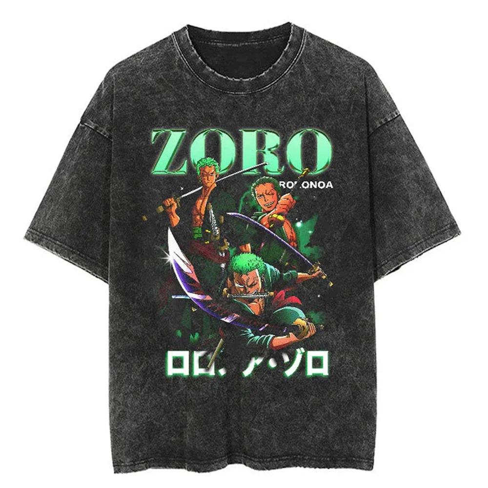 Ležérní prané Harajuku pánské tričko bavlna praná japonské anime One Piece grafické volné streetwear černé topy trička