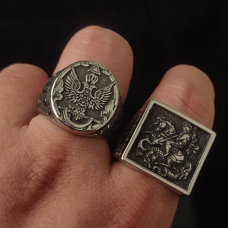 Vintage Stainless Steel Double Eagle Emblem Rings Punk Hip Hop Fashion Cross Ring for Men Biker Amulet Jewelry Gift Dropshipping