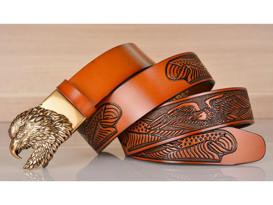 Eagle Embossed Cowhide Leather Belt with Automatic Buckle