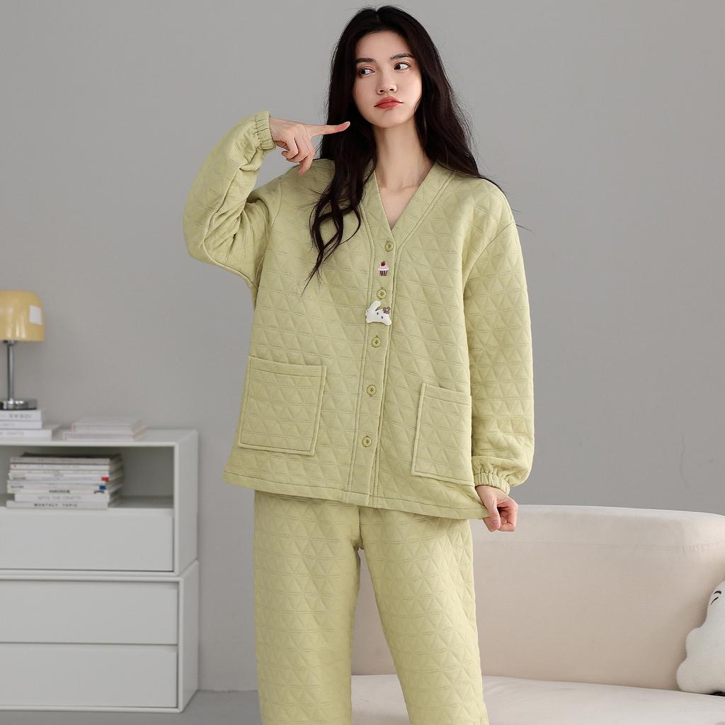 Air Cotton Pajamas Women'S Spring And Autumn Thickened Pure Cotton Loungewear Autumn And Winter Interlayer Thin Padded Cotton Set