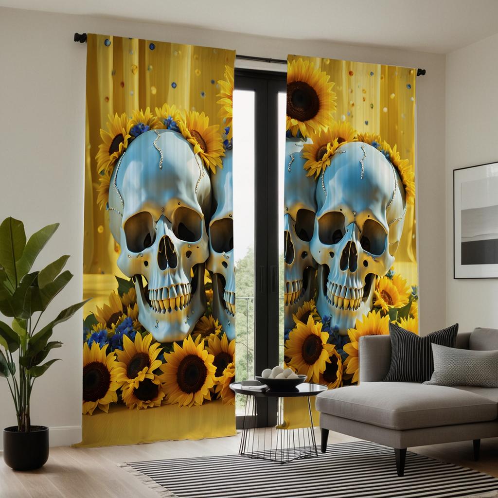 2pcs set HD Halloween Sunflowers surround Skull curtain Yellow tie digital printed curtain Home Decor style Decorate living r