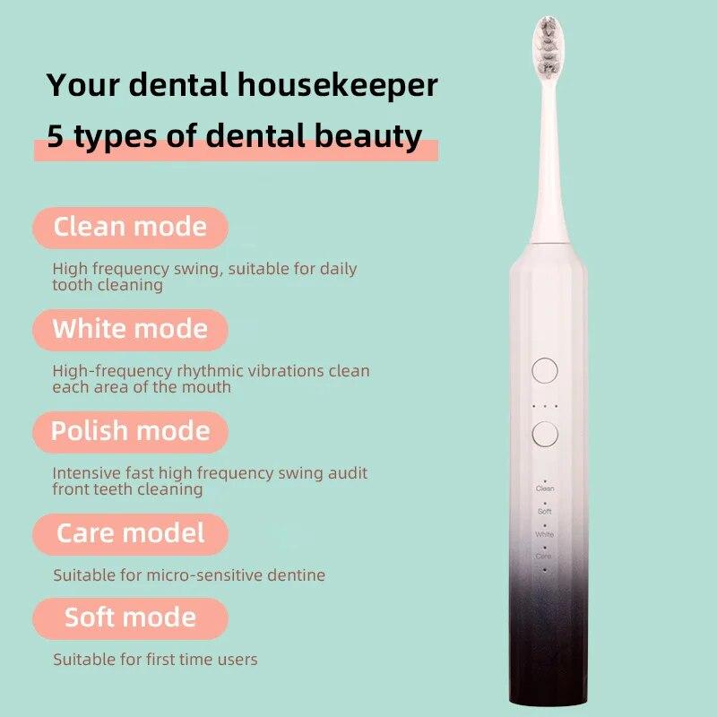 Elektrische Schallzahnbürste, wiederaufladbar über USB, IPX7, wasserdicht, elektronisch, aufhellend, Ersatzköpfe für Zahnbürsten für Erwachsene