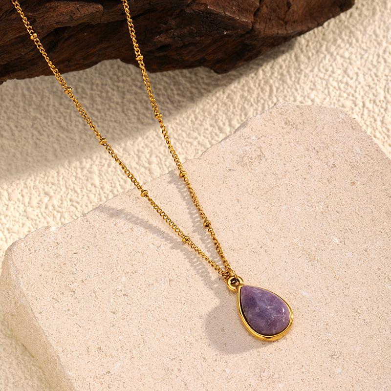 Stylish and simple natural stone stainless steel necklace, European and American personalized titanium steel sweater chain, light luxury and high-end