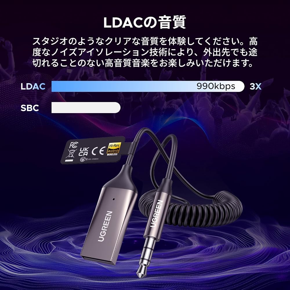 Ugreen Bluetooth 6.0 Car Receiver with LDAC Support, 3.5mm Aux Adapter, Built-in Microphone, Hands-Free Calling
