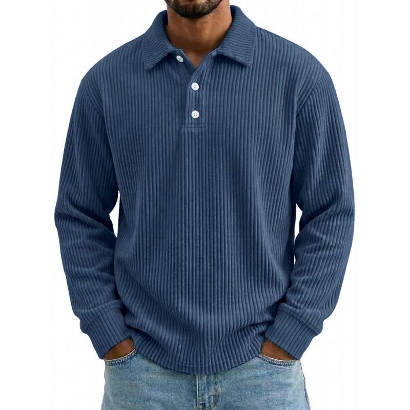 Mens Solid Corduroy Relaxed Fit Long Sleeve Polo Shirt Casual Wear
