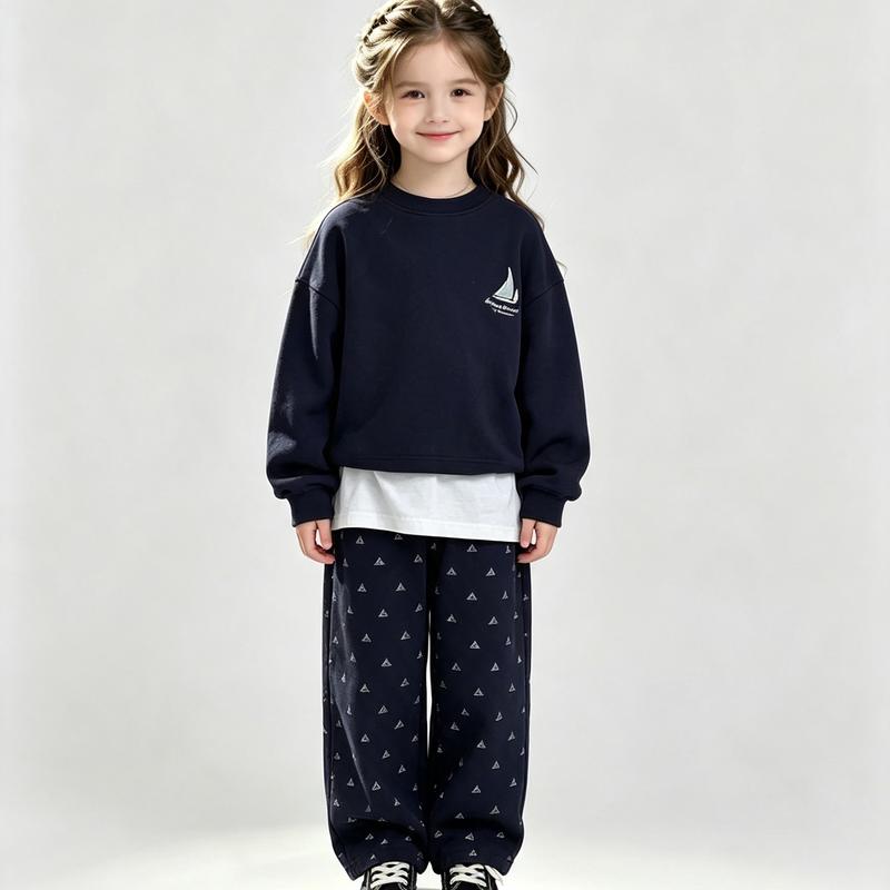 Girls' Navy Blue Hooded Sweatshirt & Floral Wide-Leg Pants