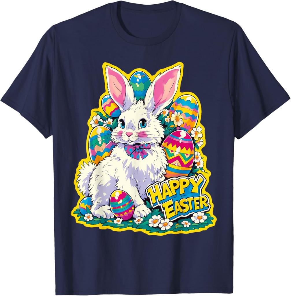 Happy Easter Bunny Floral Eggs Graphic Tee Soft Cotton Casual Short Sleeve T-Shirt