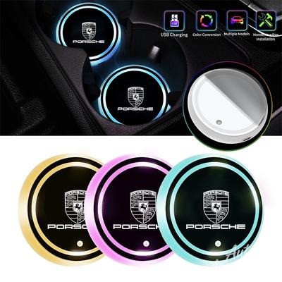 2Pcs LED Luminous Car Water Cup Coaster Holder 7 Colorful USB Charging For Boxster Cayman Cayenne 911 718 Macan Panamera