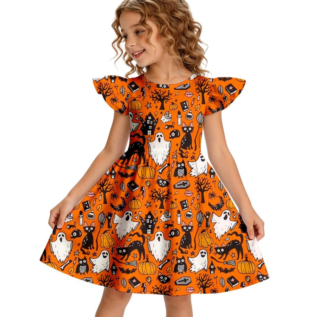 Girls Halloween Casual Round Neck Dress Ruffle Cap Sleeves A-Line Skater Dress Soft Comfortable Fabric Suitable for Daily Wear