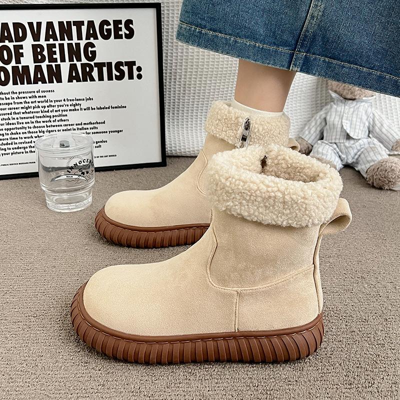 Korean version of snow boots women's 2025 autumn and winter new round head short tube fluffy boots muffin bottom short tube velvet versatile co