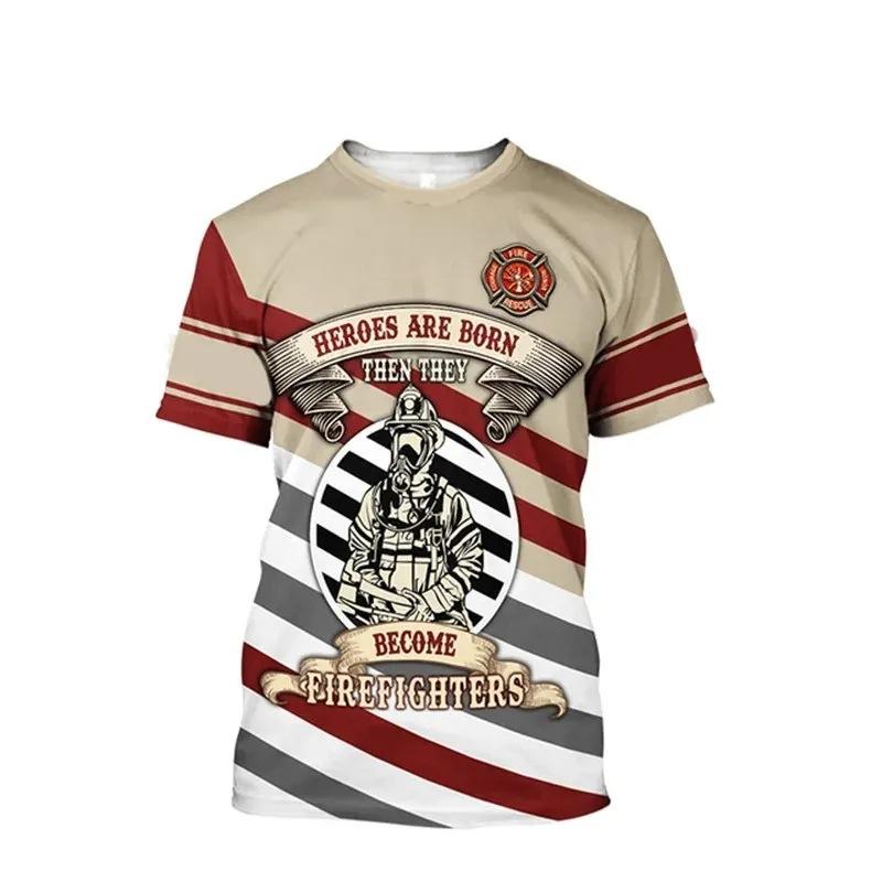 Firefighter Fire Simulation Drill Pattern 3D Print Cross-border New Men's Casual Short-Sleeve T-Shirt Factory Direct Sale