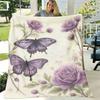 1pc Flannel Blanket, Gift 2D Printed Blanket with Purple Butterfly and Roses, Warm, Comfortable, Soft Blanket, Suitable for Sofa, Bed, Sofa, Car, Offi