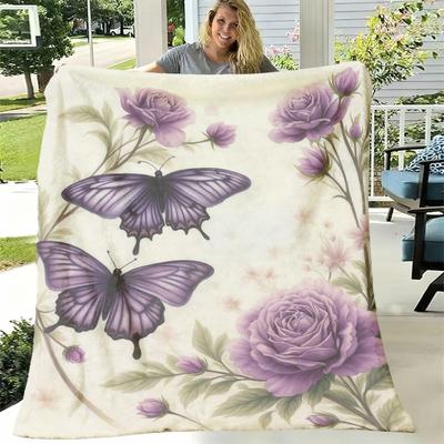 1pc Flannel Blanket, Gift 2D Printed Blanket with Purple Butterfly and Roses, Warm, Comfortable, Soft Blanket, Suitable for Sofa, Bed, Sofa, Car, Offi