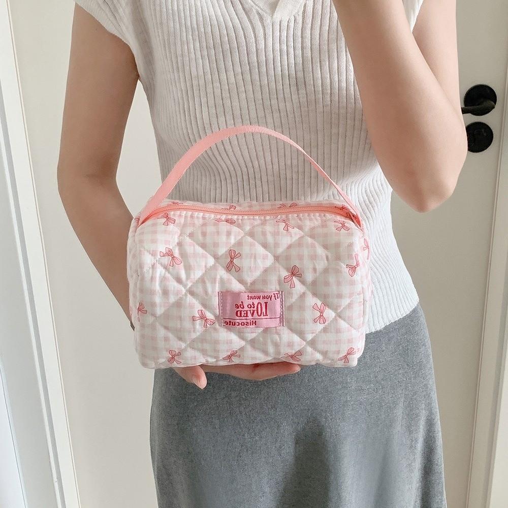 Quilted Pen Pouch Grid Pattern Handheld Makeup Bag Multi-functional Bowknot Pen Bag Travel