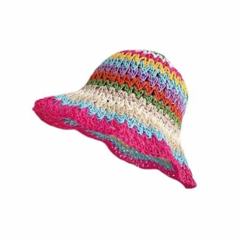 Summer rainbow straw bucket hat seaside vacation dopamine fashion sunscreen straw hat shade beach hat bucket hat