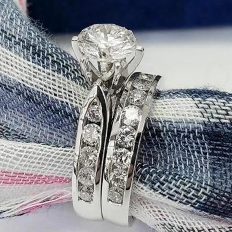 

Huitan Classic and Simple Round Cubic Zirconia 2Pc Rings for Women Modern Luxury Wedding Engagement Accessories Eternity Zircon 10