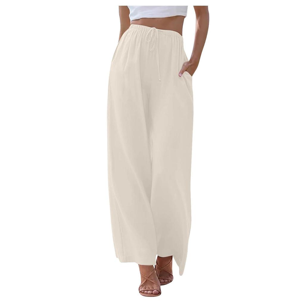 Women's Cotton Linen Summer Wide Leg Pants Flowy Wide Leg Color Beach Pants With Pockets