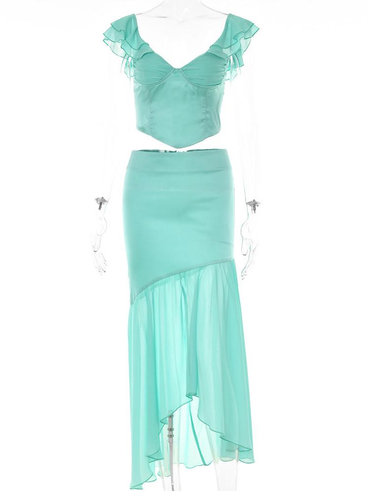 

2023 женский плиссированный корсет с оборками и открытой спиной, топ, длинная юбка, комплект из 2 предметов, элегантный повседневный комплект с открытыми плечами, сексуальные комплекты из сетчатого платья S зелёный