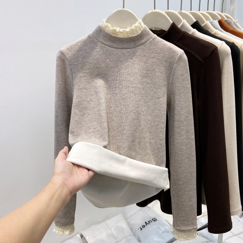 Women's Thick Warm Lace Half-Neck Base Layer Shirt, Autumn/Winter Long-Sleeve Inner Top, High-End Feel
