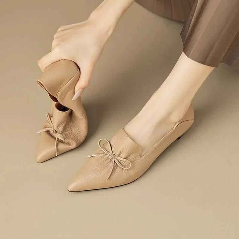 Office Lady Elegant Black Shoes Women's Pointed Toe Mid Heels 2026 New Genuine Leather Retro Pumps