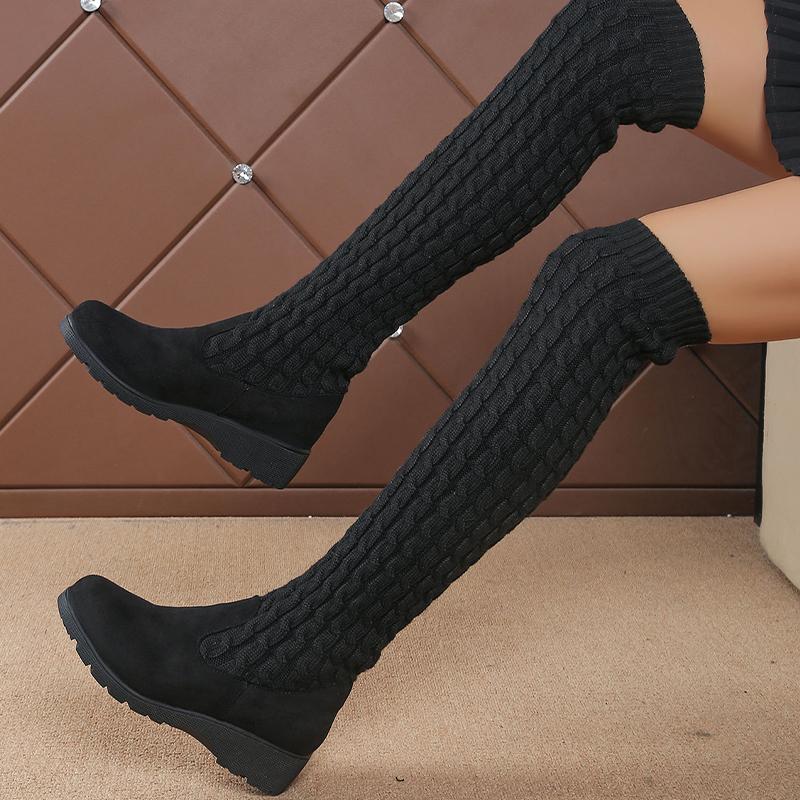 Fashion Women Wedges High Boots Mid Heels Over The Knee Knitting Shoes Woman 2025 Trend Winter Fashion Classic Sock Boots Mujer Botas