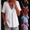 Women's V Neck Short Sleeve Front Pleated Solid Linen Loose Fit Casual Blouse T Shirt