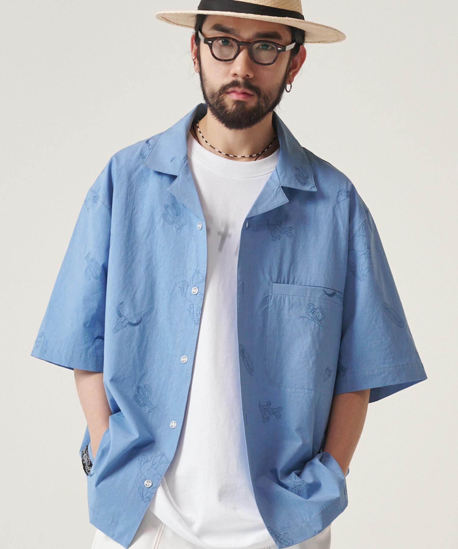 Ghost Street Open Collar Western Embroidered Shirt Sky Blue L