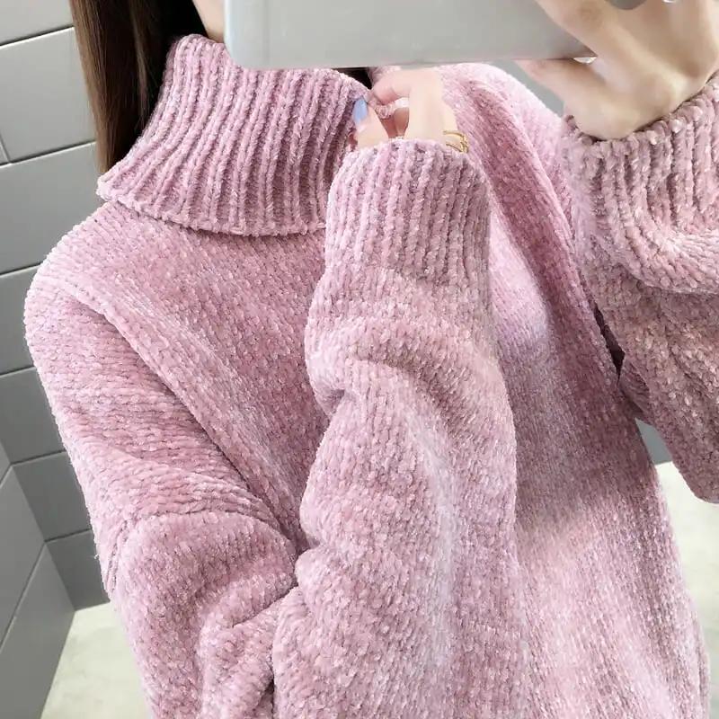Autumn Winter Chenille Turtleneck Sweater Women's  Loose Elastic Thick Knitted Sweaters Solid Female Warm Base Shirt
