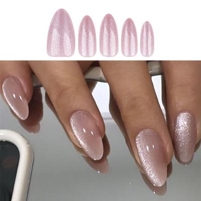 24pcs Almond Cats Eye Short Press On Nail Fashionable And Simple Stick On Nail Acrylic False Nail For Multiple Occasion