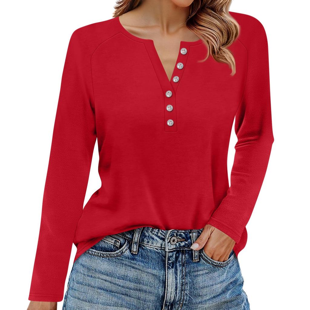 Women's T Shirt Solid Color Button Long Sleeve Daily Weekend Fashion Basic V- Neck Regular Top