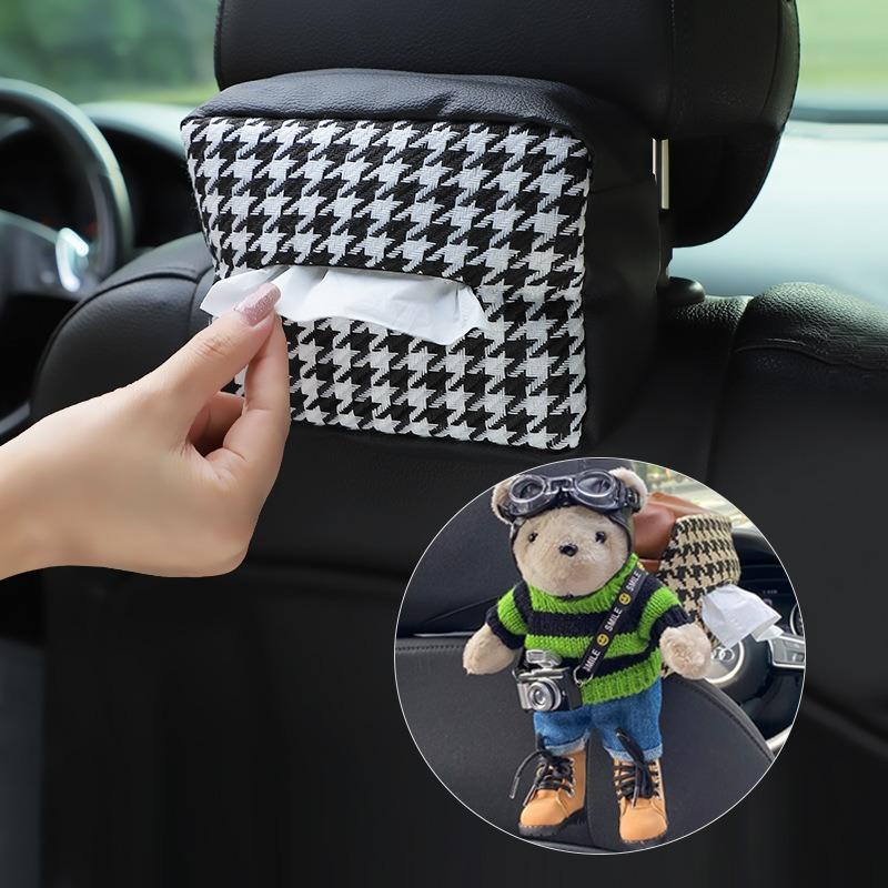 Multifunctional Knitted Houndstooth Hanging Backseat Car Tissue Box For Home And Vehicle