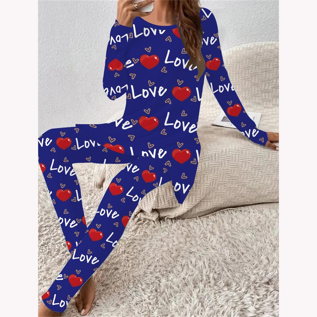Euroamerikanische Mode 3D Herzsymbol Druck Damen Vier-Jahreszeiten Langarm T-Shirt + Lange Hose Zweiteiliges Set. Perfektes Geschenk zum Valentinstag