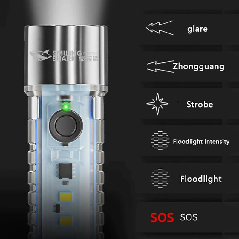 Smiling Shark Led Mini Strong Light Rechargeable Flashlight Super Bright Multifunctional Keychain Outdoor Warning Home