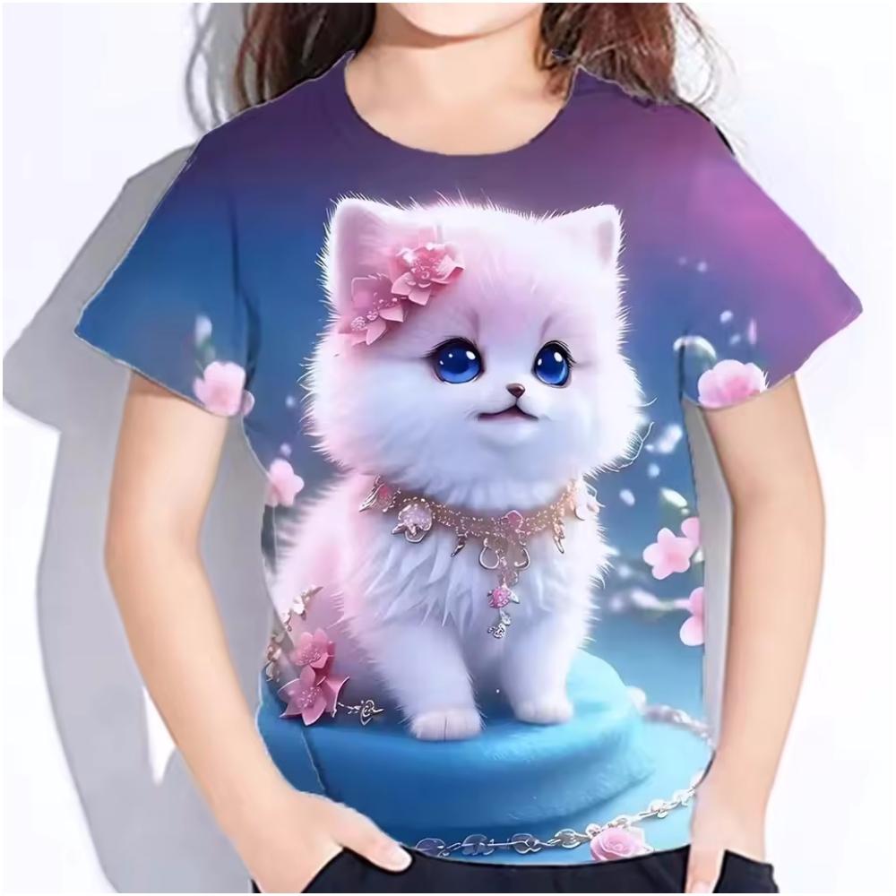 Kids Clothes 3d Print Cute Cat Graphic T Shirts Casual Summer Short Sleeves Female Child Clothes T-Shirts for Children Tops