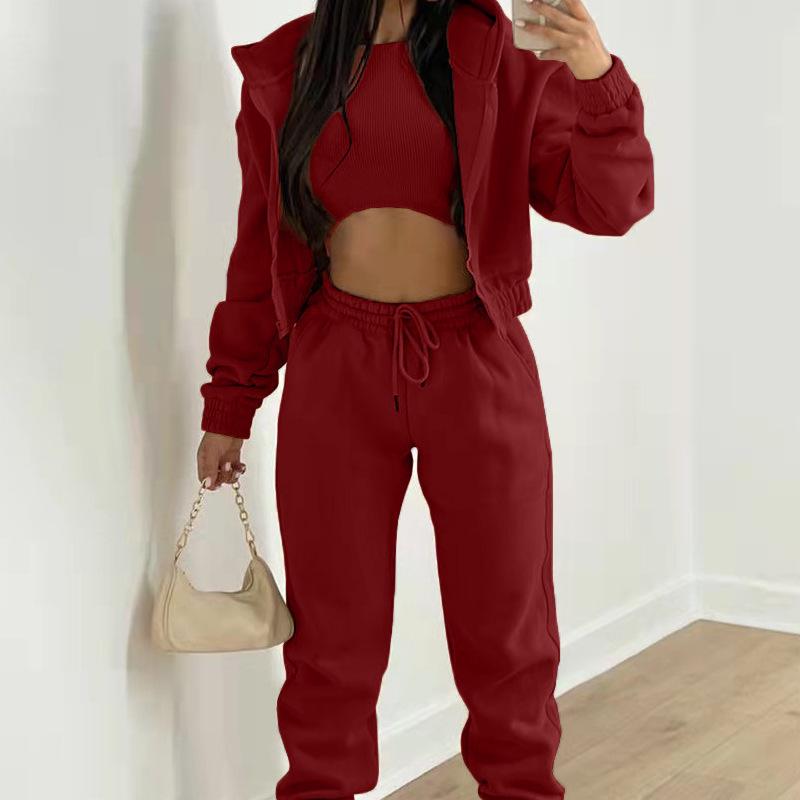 Women's Solid Color Three-Piece Set: Hooded Sweatshirt & Long Pants - Casual, Elegant Commute.