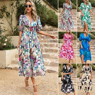 The New Summer Women's Dress Temperament Cinched Waist V-neck Printed Long Dress