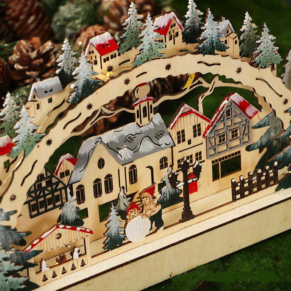 Wood Bridge Village LED Wooden Ornaments Collectible Christmas Decorations Battery Operated Gifts For Holidays Festivals