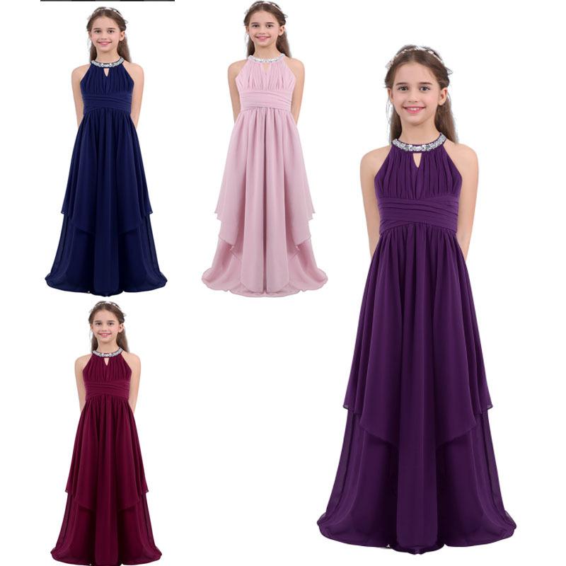 Kids Girls Sequined Halter Chiffon Flower Girl Dress Birthday Party Dress Ball Gown Layered Bridesmaid Outfit