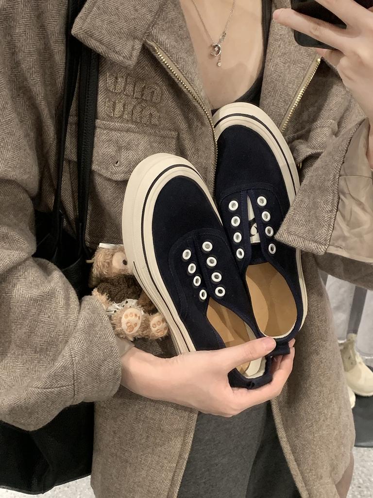 Sheepskin grape mother, the same style, one-pedal round head muffin thick-soled versatile board shoes, canvas shoes, spring and autumn color matchi