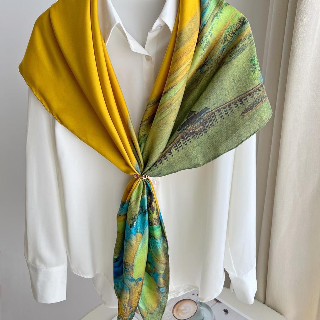 New Women's Silk Scarf – Thousand Miles of Rivers and Mountains Painting, Chinese Style Shawl, Perfect Gift for Mother's Day.