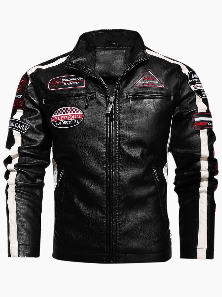 Men's Color Block PU Leather Jacket with Fleece Lining, Motorcycle Racing Style