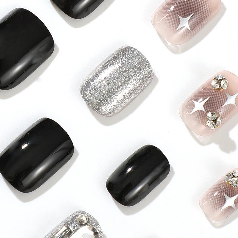 Black & Silver Glitter Starry Sky Rhinestone Press-On Nail Stickers - Short Style False Nails