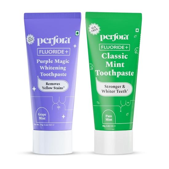 

Набор зубных паст для отбеливания зубов Perfora | Классическая мятная и фиолетовая зубная паста | Без SLS | Безопасна для эмали | Для более чистых и крепких зубов
