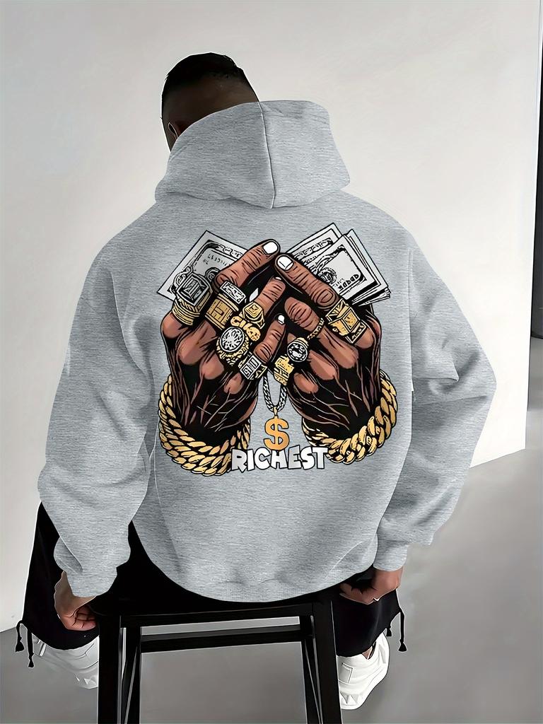 Hip Hop Luxury Hand Dollar Gold Accessory Back Graphic Print Men Hip Hop Sports Hoodie Retro Street Culture Loose Oversized Pullover Sweatshirt