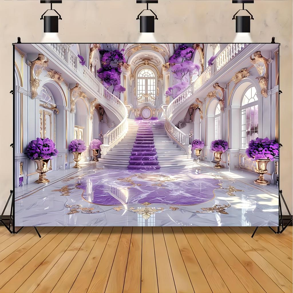 Multi-functional Purple and Gold Mansion Background and Large Staircase - Tropical Aquarium-themed Mermaid Birthday Party