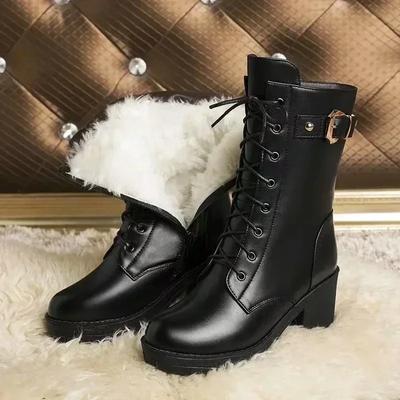 Women's Leather Boots High Heel Wool Lined Warm Winter Snow Shoes Large Size 42 Platform Comfortable Footwear